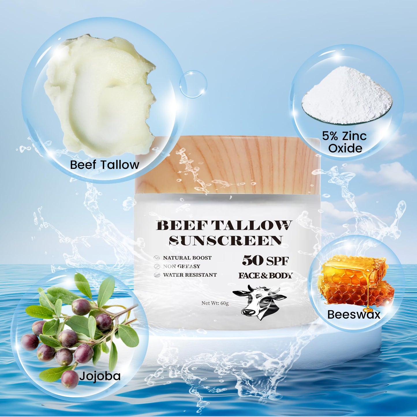 Scosvvi Tallow Sunscreen SPF 50: zinc oxide sunscreen non toxic Sunblock -Face & Body Sun Protection for Adults & Kids- 2 oz