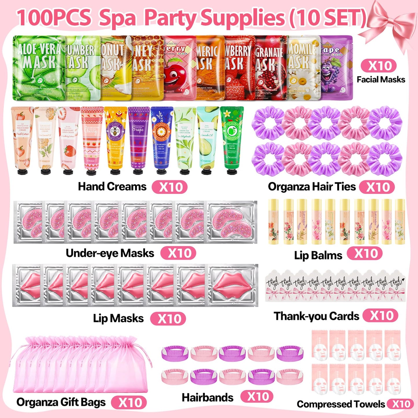 100PCS Spa Party Supplies for Girls, Sleepover & Slumber Party Supplies for Girls, Include Facial Masks, Hand Cream, Lip Balm, Under Eye Patches, Lip Mask, Spa Birthday Party Favors for Women