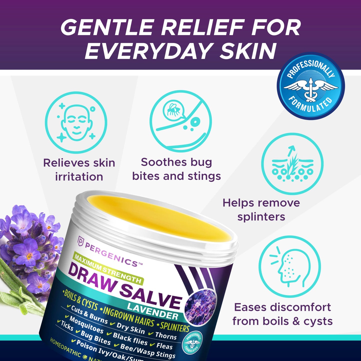 Pergenics Drawing Salve Ointment with Natural Lavender Herbal Extract for ingrown Hair, Boil & Cyst, Splinter Remover, Bug and Spider Bites, bee Sting, Mosquito bite Itch, Poison Ivy, 1 oz (1 Pack)