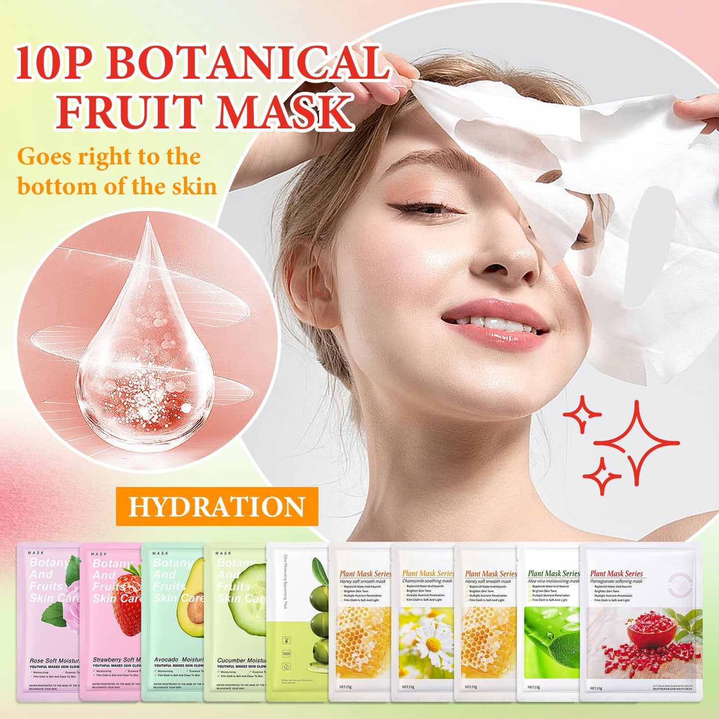 10 Pack Variety Facial Sheet Masks Skin Care Set, Hydrating Bulk Sheet Face Masks Skincare Gifts Set for Women Men, Long Lasting Moisturizing Face Mask Skincare for All Skin Type（B5)