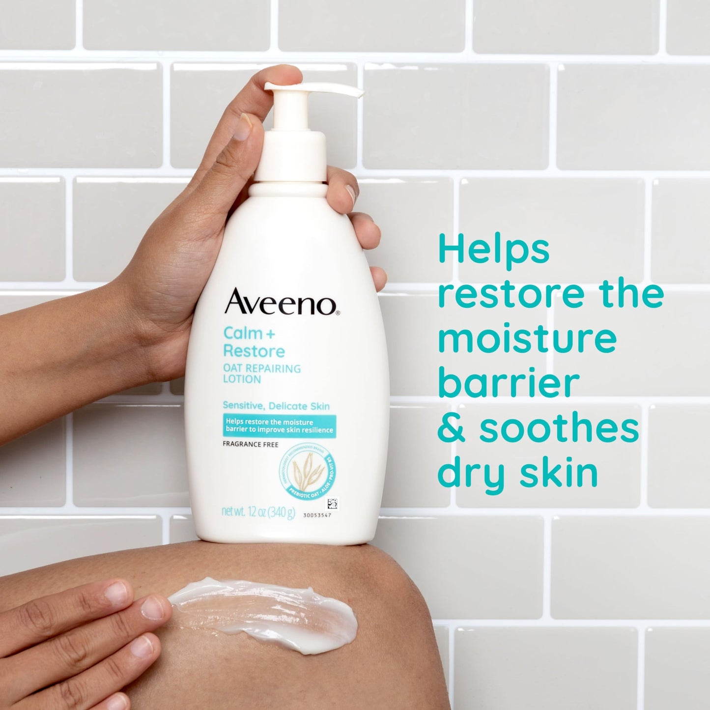 Aveeno Calm + Restore Oat Repairing Body Lotion for Sensitive Skin,Daily Moisturizer with Prebiotic Oat,Aloe & Pro-Vitamin B5,Fragrance Free Body Lotion Helps Heal Dry Skin,12 oz,(Pack of 12)