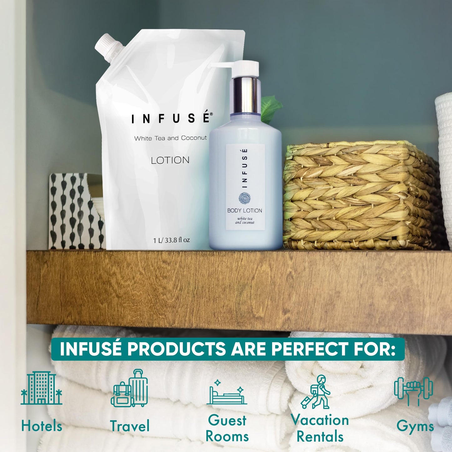 INFUSÉ 1 Liter Lotion Refill Bag For Soap Dispensers | Bulk Toiletries for Vacation Rentals, and Home Bathroom Showers | White Tea and Coconut | Single