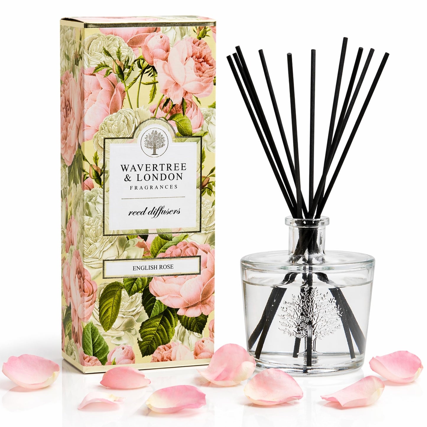 Wavertree & London Natural English Rose Scented Reed Diffusers Set - Long Lasting Aromatherapy Air Freshener Diffuser with Sticks for Home & Office | 250ml Scented Diffuser with 6 Months Scent Life