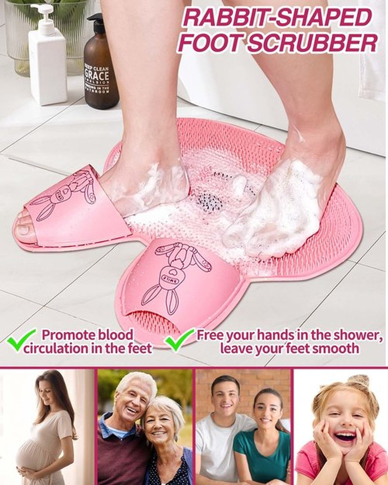 Manmihealth Extra-Large Shower Foot Scrubber Mat with Non-Slip Suction Cups, Rabbit-Shaped Silicone Foot Scrubber in Shower for Men & Women (Pink)