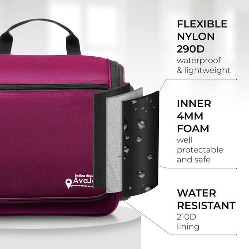 AvaJex Large Hanging Toiletry Organizer - Travel Toiletry Bag for Men and Women - Waterproof Hygiene Bag with Metal XXL Swivel Hook, Sturdy Zippers and 19 Compartments for Toiletries, Makeup (Purple)