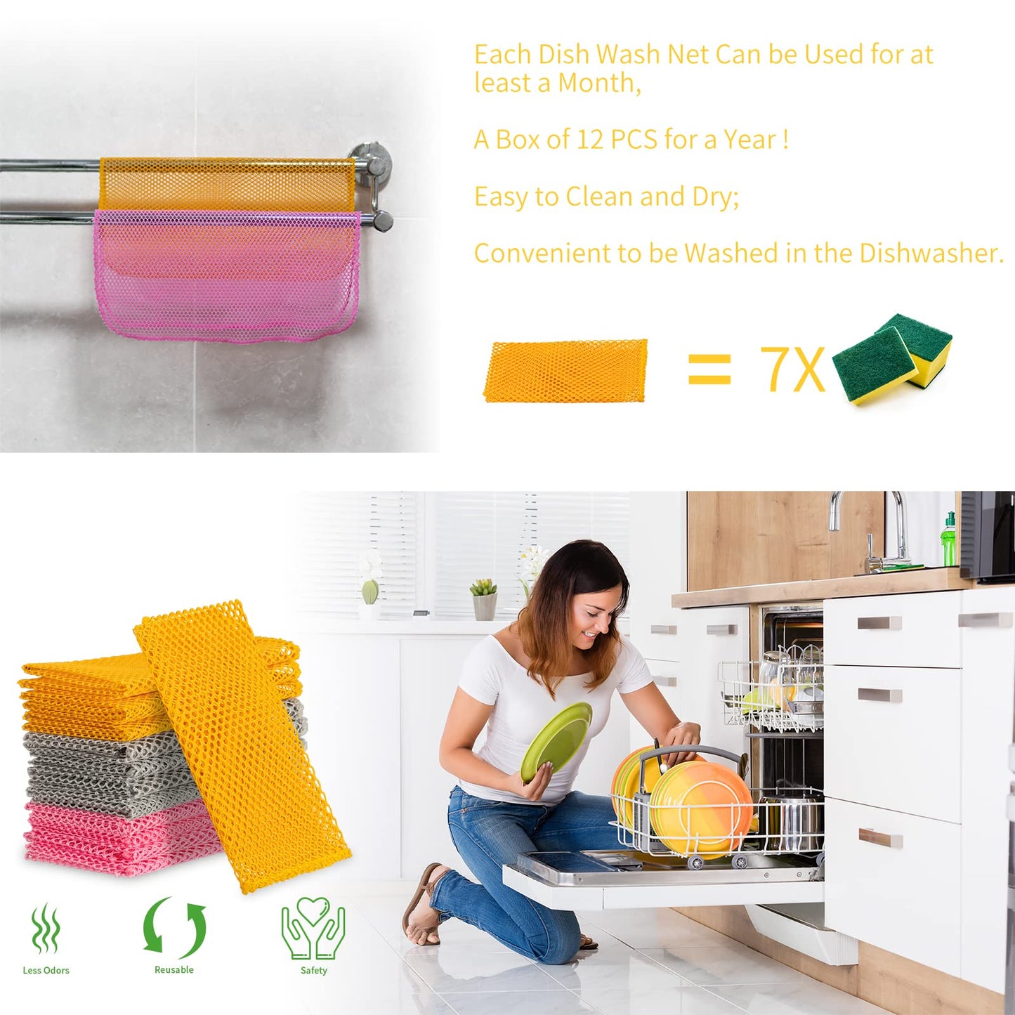 BAIKAFU 12Pcs Dish Wash Net,Innovative Mesh Cloth,Ultra Non-Scratch Dish Rags for Washing Dishes,100% No Odor/Quick Dry,Perfect Scrubber,Dish Sponges for Washing Dishes Yellow/Pink/Gray