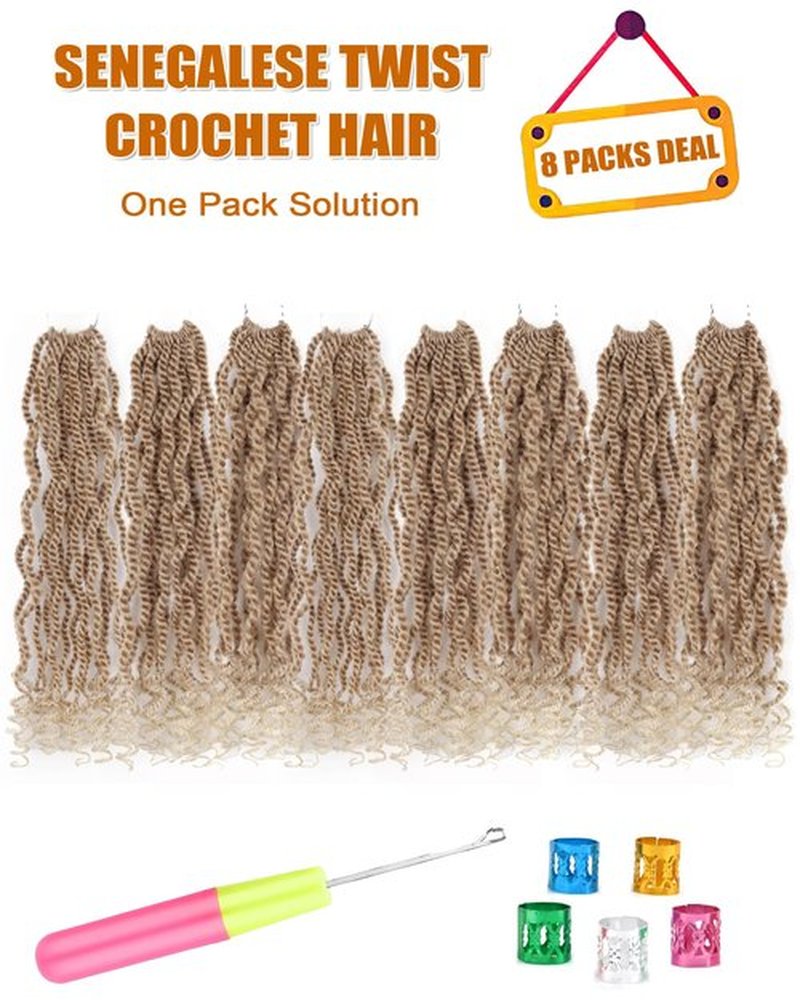 Blonde Crochet Hair for Black Women Wavy Senegalese Twist Crochet Hair 12 Inch Short Pre Looed Crochet Kinky Twists 8 Packs 2 Tone Crochet Braids with Curly Ends（12 Inch,27/613）