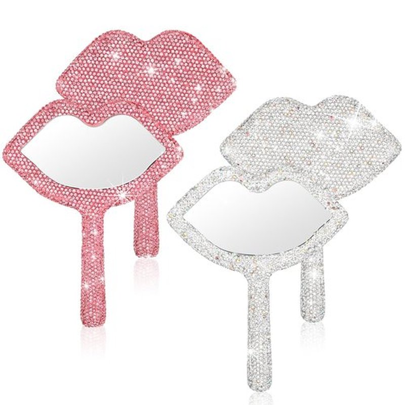 Tatuo 2 Pcs Rhinestone Mirror Handheld Bling Heart Lip Shaped Mirror Glitter Cosmetic Hand Mirror with Handle Portable Cute Travel Makeup Lash Mirror for Women Girls(Pink and White, Lip)