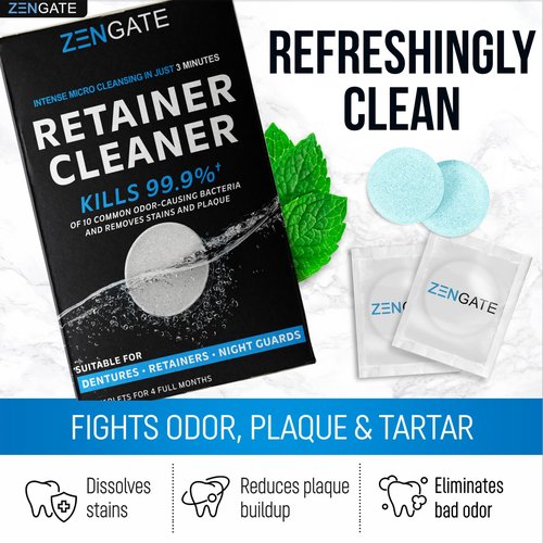 ZENGATE Retainer Cleaner Tablets - Quick Clean for Dentures, Mouth Guards, Aligners, Night Guards - Dental Cleansing Tablets - FSA HSA Approved Items - 2 Packs (240 Tablets Total) - 8 Months Supply
