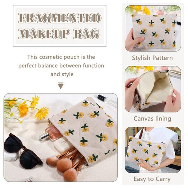 ZLFSRQ Daisy Flower Makeup Bag Travel Cute Floral Cosmetic Bags for Women Large Floral Embroidery Makeup Pouch Zipper Cosmetic Pouch for Purse Aesthetic Makeup Organizer Bag Portable Toiletry Bag