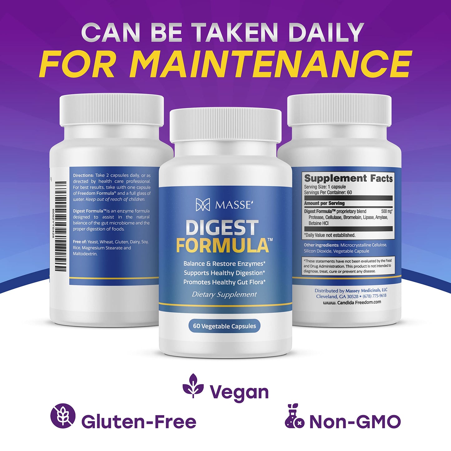 MASSE' Digest Formula Supplement Enzyme Boost Capsules - Advanced Formula for Digestive Health & Gut Flora Support - Natural Organic Enzyme Supplement for Digestive Care and Overgrowth- 60 Count