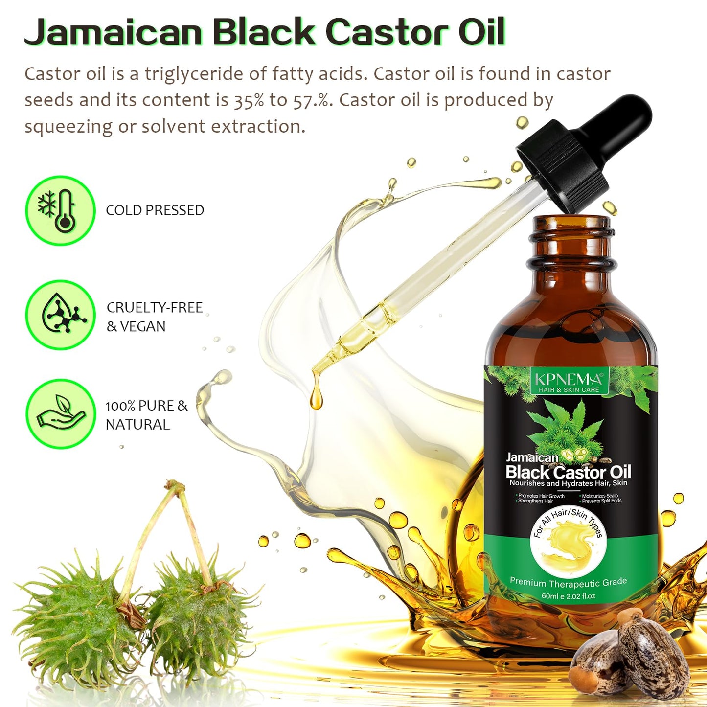 KPNEMA Jamaican Black Castor Oil for Hair Growth, Multipurpose Cold Pressed 100% Natural Castor Oil Organic for Hair and Skin, Eyebrow, Body Care
