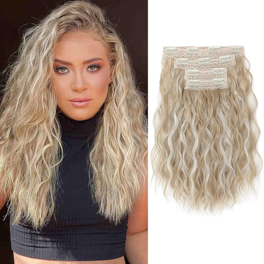 REECHO Clip in Hair Extensions, 4PCS Hair Extensions 14" Short Wavy Hair Extensions Invisible Lace Weft Natural Soft Hairpieces for Women – Ash Blonde with Highlights