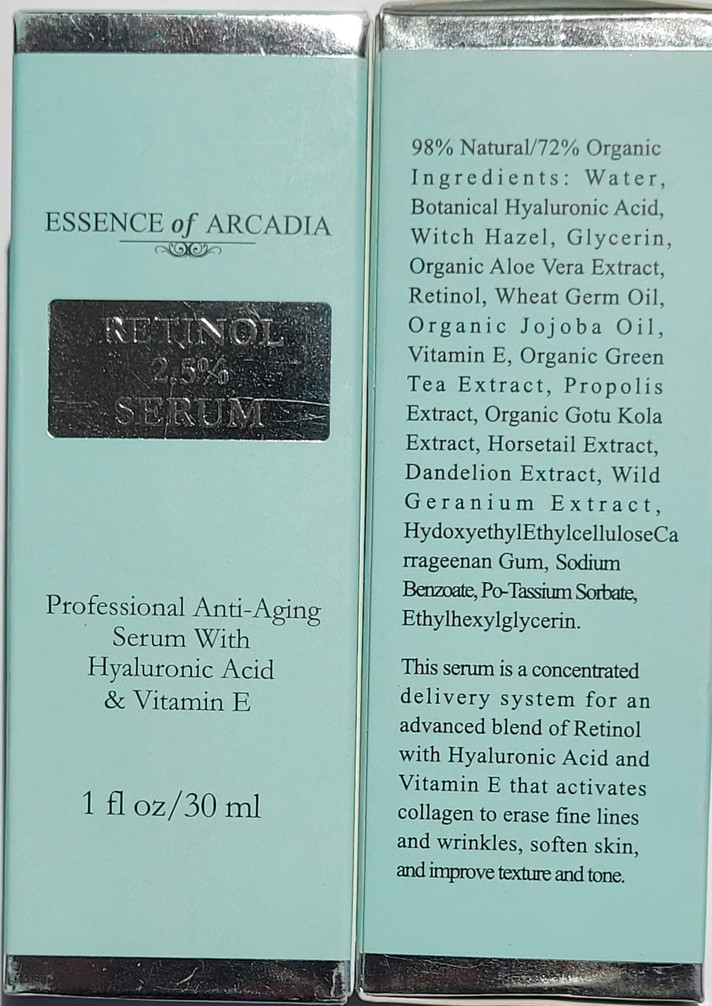 Essence of Arcadia RETINOL Serum 2.5% Professional Anti- Aging Formula With hydrating Hyaluronic Acid and Vitamin E, Minimize Wrinkles