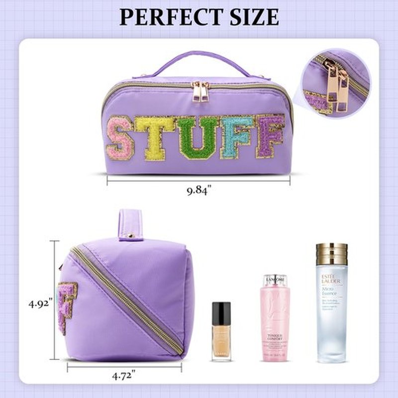 LONEDREAM Stoney Clover Preppy Makeup Bag, Large Capacity Travel Cosmetic Bag, Chenille Letter Open Flat Nylon Bag, Purple
