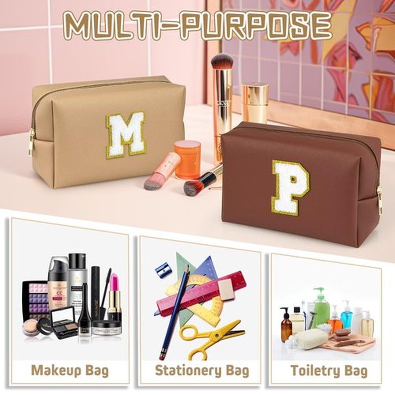 TOPEAST Initial Cosmetic Bag for women, Preppy Small Makeup Bag, PU Leather Waterproof Toiletry Bag, Monogrammed Birthday Gifts For Women, Stuff for girls (Khaki S)