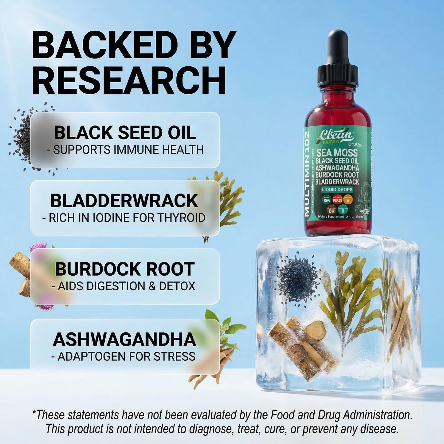 Clean Nutra Organic Sea Moss Drops Supplement | Black Seed Oil Irish Seamoss Ashwagandha Burdock Root & Bladderwrack - Multimineral Liquid Vegan for Gut Heath Energy Skin Immune Support & Hair