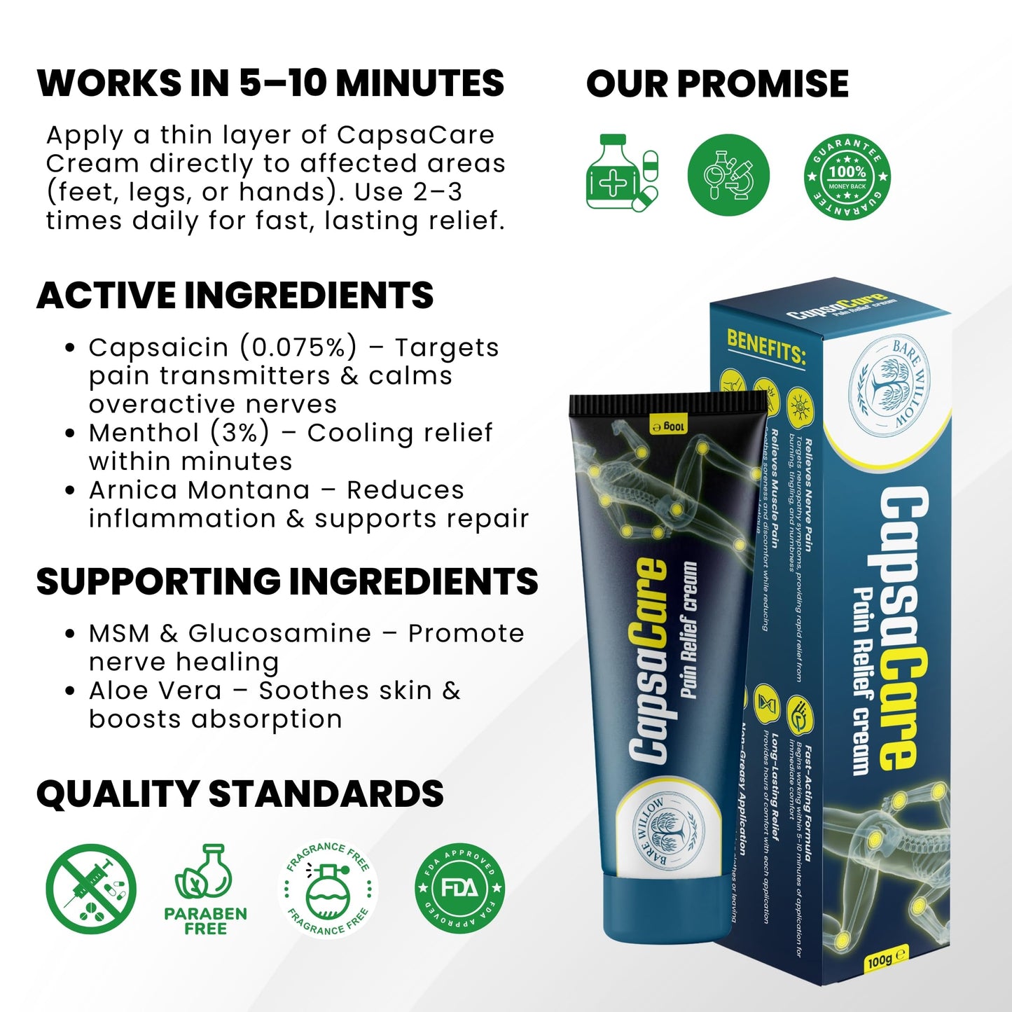 CapsaCare Cream with Capsaicin 0.125% & Magnesium, NeuroSoothe Blend with Arnica, Glucosamine, Menthol & Aloe, Fragrance Free, Non Greasy, Hydrating Topical Skin Cream for Men and Women, 100g (1 Pack)