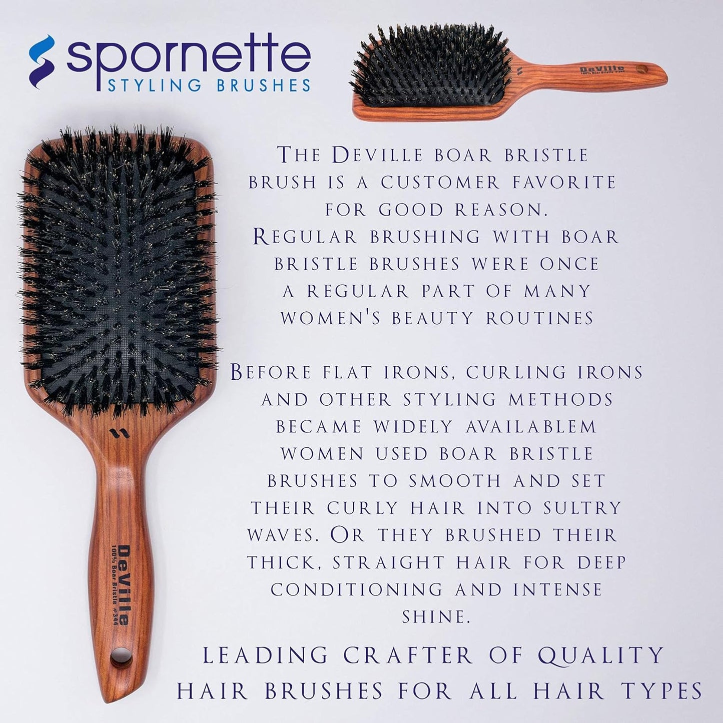 Spornette Deville Boar Bristle Paddle Brush - Wooden Handle for Smoothing & Detangling All Hair Types