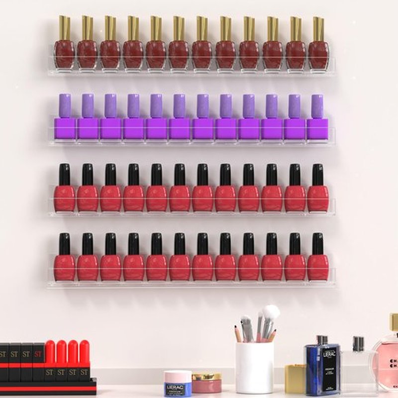 PMMASTO Adhesive Nail Polish Organizer Holder 15 Inch Clear Acrylic Wall Rack Shelf for 40-60 Bottles Nail Polish Display Rack For Nail Room Decor Organizer (4 Pack)