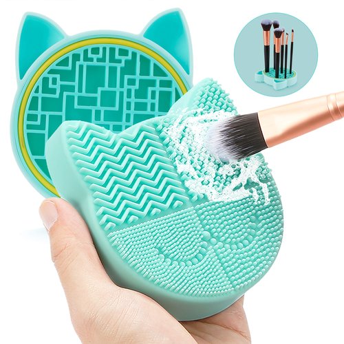 TailaiMei 2 in 1 Makeup Brush Cleaning Mat with Brush Drying Holder, Silicon Cat Shaped Brush Cleaner Pad include Cosmetic Brush Organizer Rack, Portable Washing Tool for Makeup (Green)