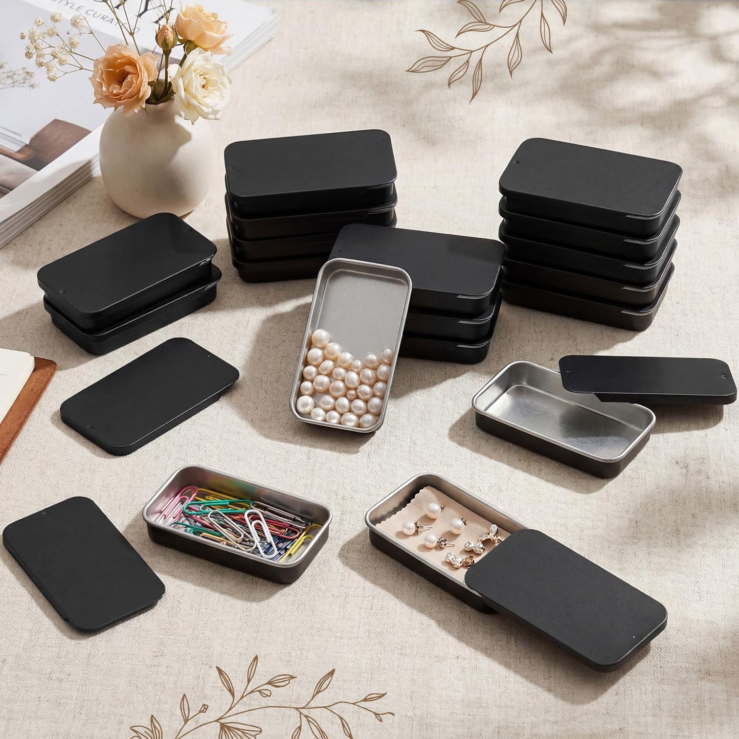 Norme 100 Pcs Black Slide Top Small Tin Containers Rectangular Cosmetics Metal Boxes Small Lip Balm Containers Tin Box Metal Tins with Lids for Lip Balm Jewelry Crafts Pills, 3.15 x 1.38 x 0.43"