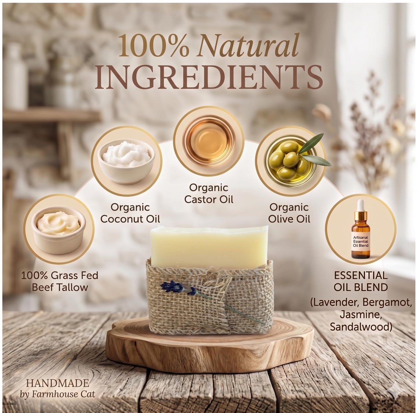 Farmhouse Cat Grass-Fed Tallow Soap Bar – Cold Process Soap for Sensitive Skin – Bergamot, Lavender, Jasmine & Sandalwood Scent – Artisan Face & Body Bar – Natural Skincare Gift for Men & Women