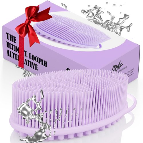 Avilana Silicone Exfoliating Body Scrubber – Dual-Sided Silicone Loofah for Shower, Body Scrubber for Men & Women, Gentle Loofa Alternative, Easy-to-Clean Silicone Body Scrubber (Lavender With Silver)