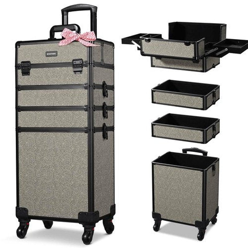 BYOOTIQUE Rolling Makeup Train Case 4in1 Cosmetic Trolley Organizer Travel Case Lockable Salon Barber Case with Wheels for Makeup Artist Trave Nail,Rococo GainsBoro