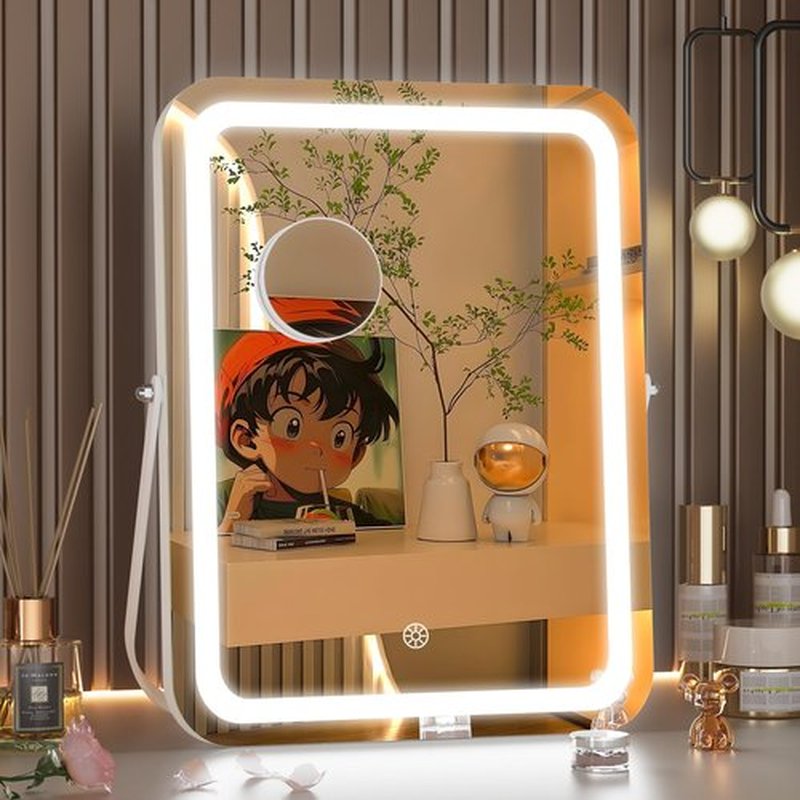 Hasipu Vanity Mirror with Lights, 12" x 14" LED Makeup Mirror, 3 Modes Light, Smart Touch Control Dimmable, 360°Rotation, Rounded Rectangle White Frame, with 5X Magnifying Glass