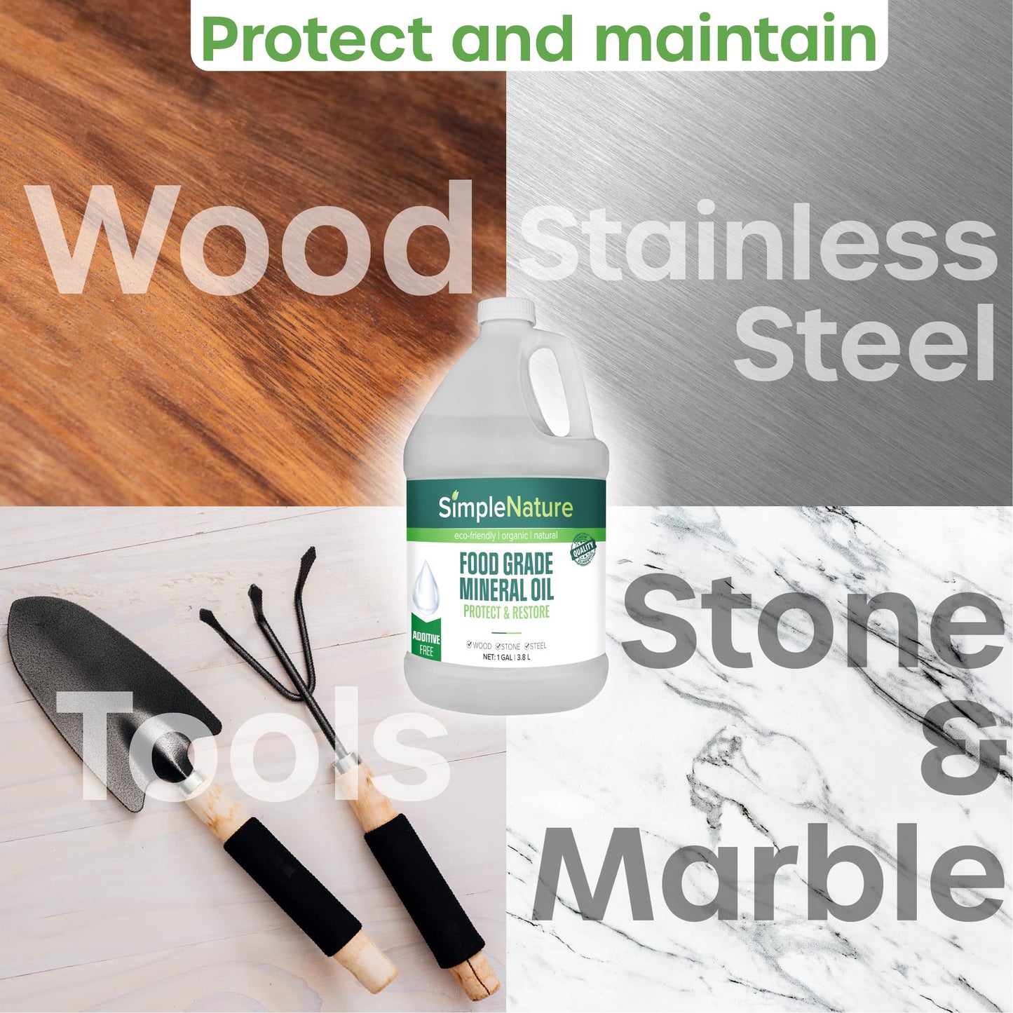 SimpleNature Food Grade Mineral Oil - for Moisturizing, Lubricating, Restoring & Protecting Wood, Cutting Boards, Butcher Block, Countertops, and Stainless Steel (1 Gallon)