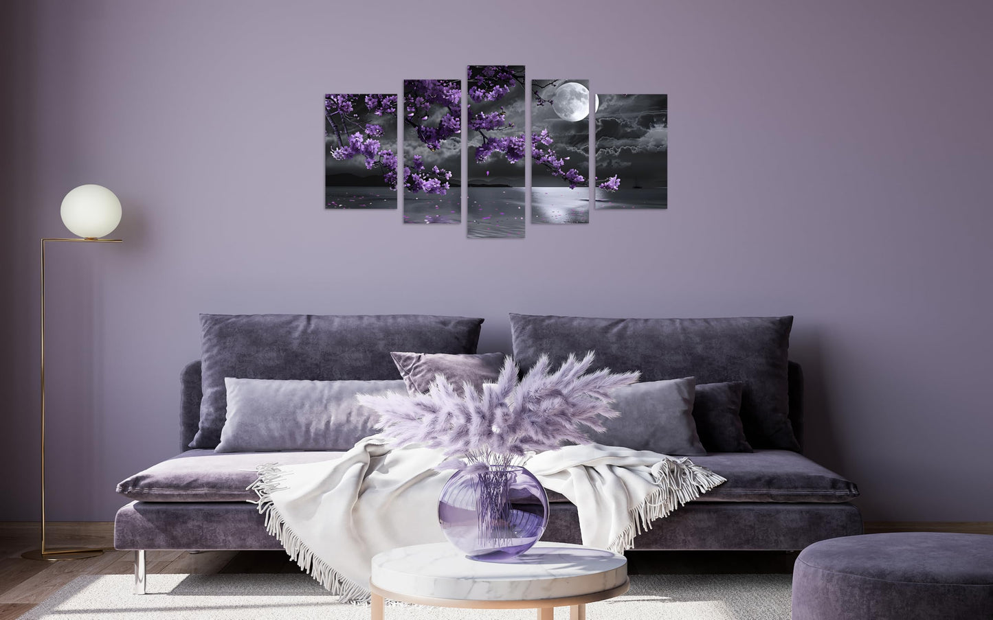 TutuBeer 5 Pcs Purple Bedroom Pictures Wall Decor Purple Canvas Art Black and White Sea Night Full Moon Flower Print on Canvas Flower Wall Picture for Room Decor Stretched and Framed