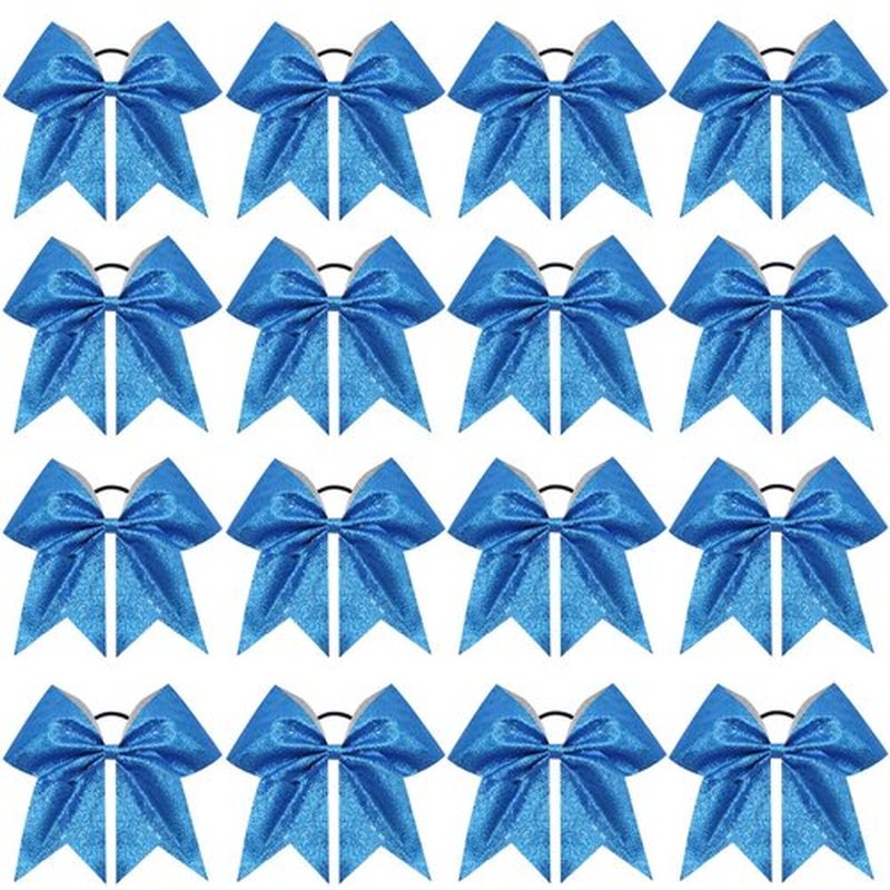 16PCS 8" Large Glitter Cheer Bows for Cheerleaders, CN Sparkly Hair Bows with Elastic Hair Ties Accessories for Teens Girls Women Cheerleading Softball Competition Sports (Blue)