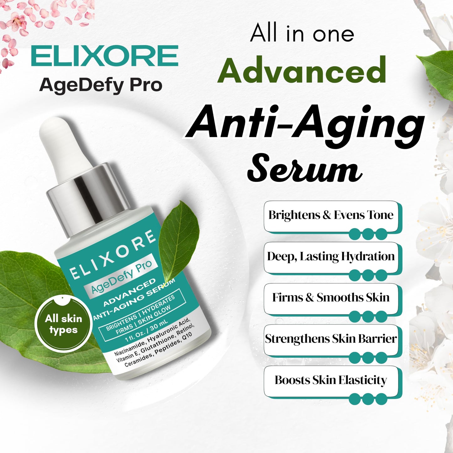 ELIXORE AgeDefy Pro Advanced Anti-Ageing Serum with Peptides & Vitamin C | Face Serums for Wrinkles, Firming & Brightening with Retinol, Niacinamide & Tranexamic Acid | for Mature Skin 30ml
