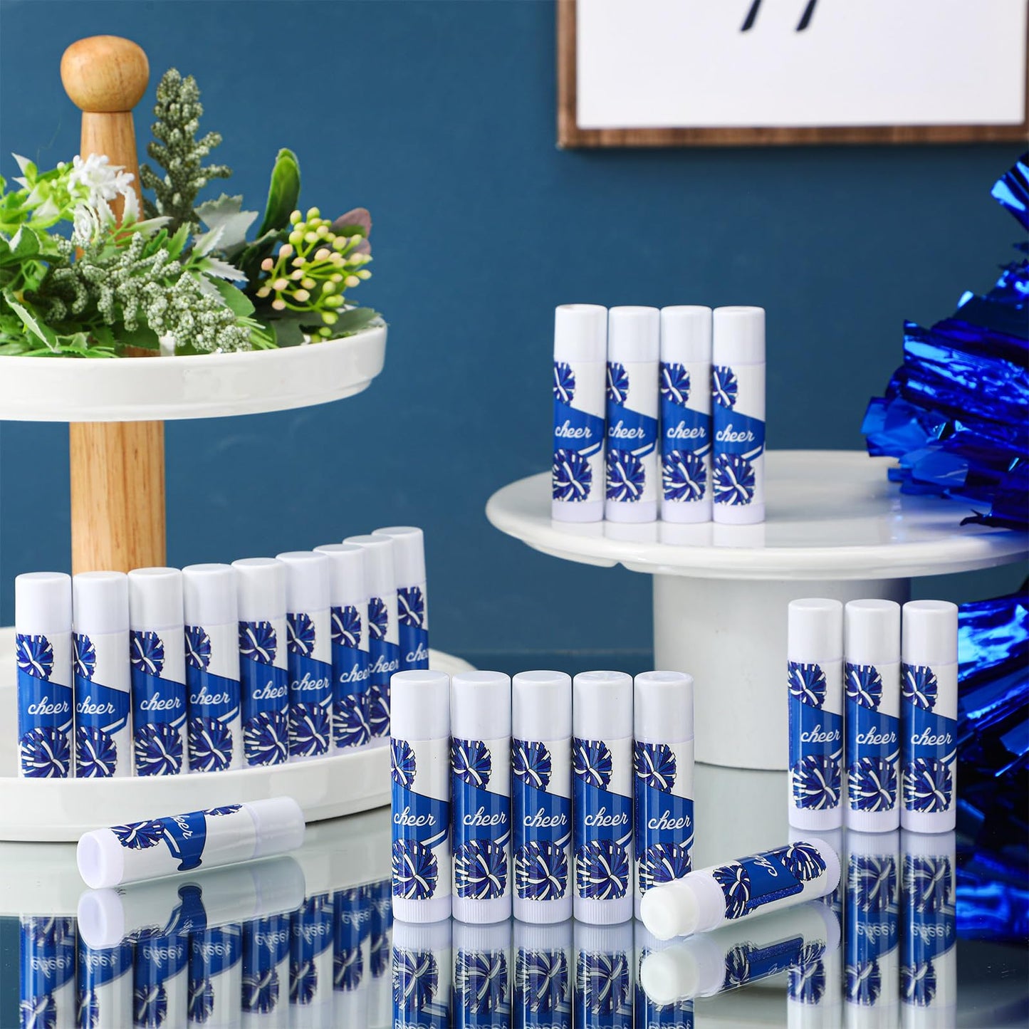 Suttmin 24 Pcs Cheer Lip Balm Bulk Cheer Teams Camp Gifts Pom Pom Leaders Party Favors Gear Lip Balm Valentine's Day Gift for Competitive Party Guest Supplies(Blue and White)