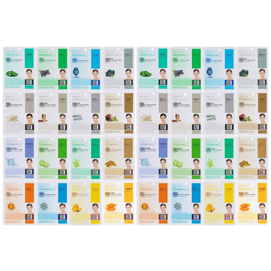 DERMAL 32 Combo Pack Collagen Essence Korean Face Mask - Hydrating & Soothing Facial Mask with Panthenol - Hypoallergenic Self Care Sheet Mask for All Skin Types - Natural Home Spa Treatment Masks