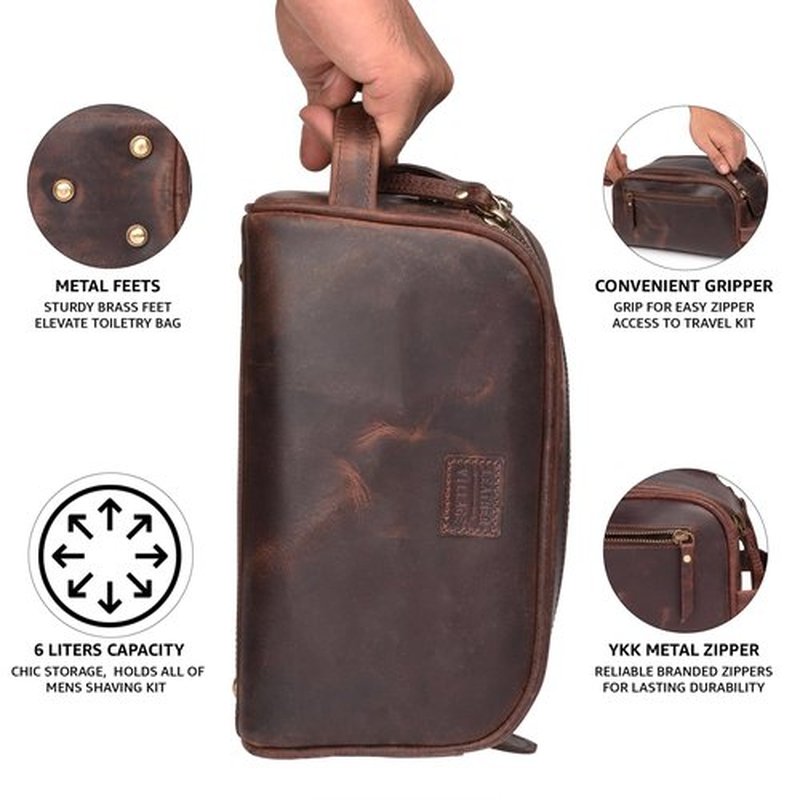 LEATHER VILLAGE Premium Leather Toiletry Travel Pouch With Waterproof Lining - Dark Brown | King-Size Handcrafted Vintage Dopp Kit Bag