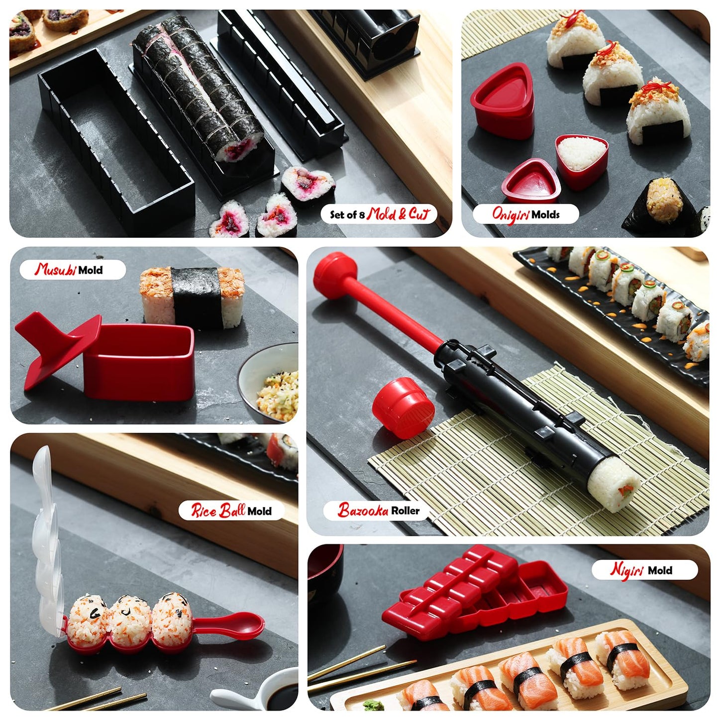 CraftZee Sushi Making Kit - Complete Sushi Maker Kit with Bazooka Roller, Rice Cooker, Onigiri, Nigiri & Musubi Mold, Rice Ball Mold, Bamboo Rolling Mat, Knife, Guide Book & More