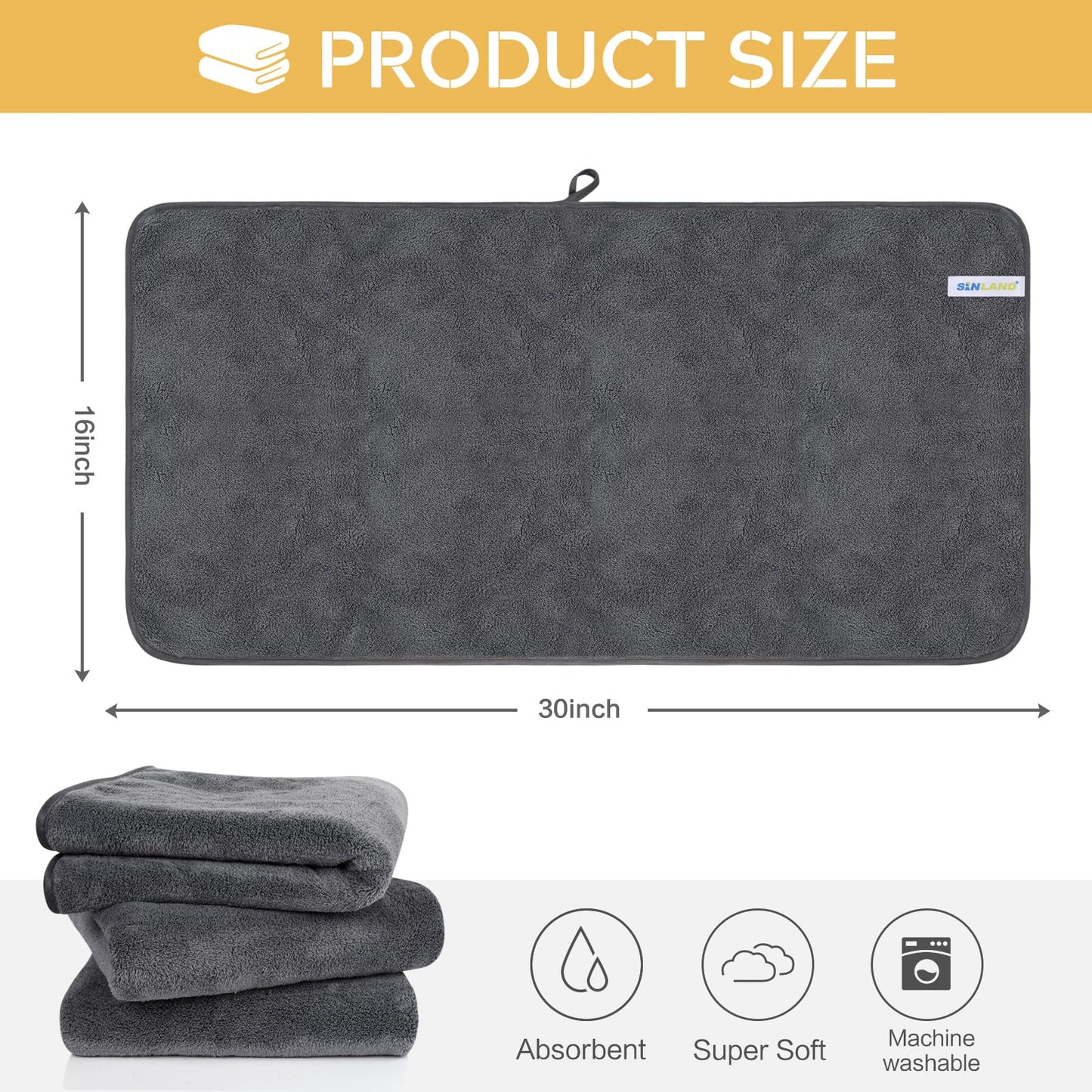 SINLAND Microfiber Hand Towels for Bathroom, 16 x 31 Inch, Super Soft and Absorbent Washcloth Decorative Face Towels for Kitchen, Spa, Yoga, Gym, Face, Hair, Dishcloth 3Pack Grey