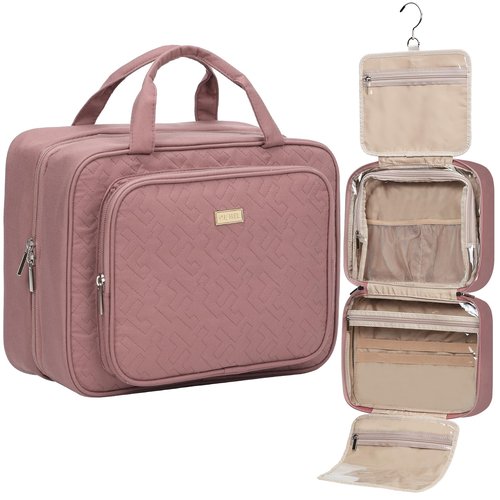 NISHEL Travel Toiletry Bag for Women Large Capacity, Travel Essentials Organizer, Hanging Makeup Case for Accessories, Cosmetics, Toiletries, Rosewood-Pink