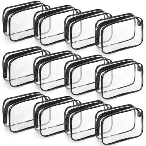 Weewooday 12 Pieces Clear Cosmetics Bag PVC Zippered Clear Toiletry Carry Pouch Cosmetic Makeup Bag Waterproof Makeup Bag Vinyl Plastic Organizer Case for Vacation Bathroom(Medium,Black)
