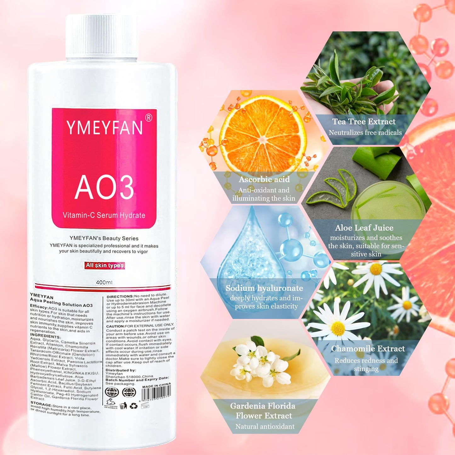 YMEYFAN AS1 SA2 AO3 Aqua Peeling Solution(English Ver.), Hydro Facial Solution for Hydrogen Oxygen Facial Machine Professional, Hydrating Serums for Facial Cleansing, Nourishing, Exfoliate(400ml/3Pcs)