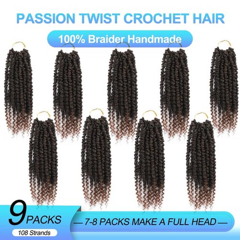 Pre-Twisted passion twist hair, 8 Inch 9 Packs Pretwisted Passion Twist Crochet Hair,Soft Curly Ombre Brown Pre Looped Crochet Hair For Women Short Crochet Braids(8",T1B/30#)
