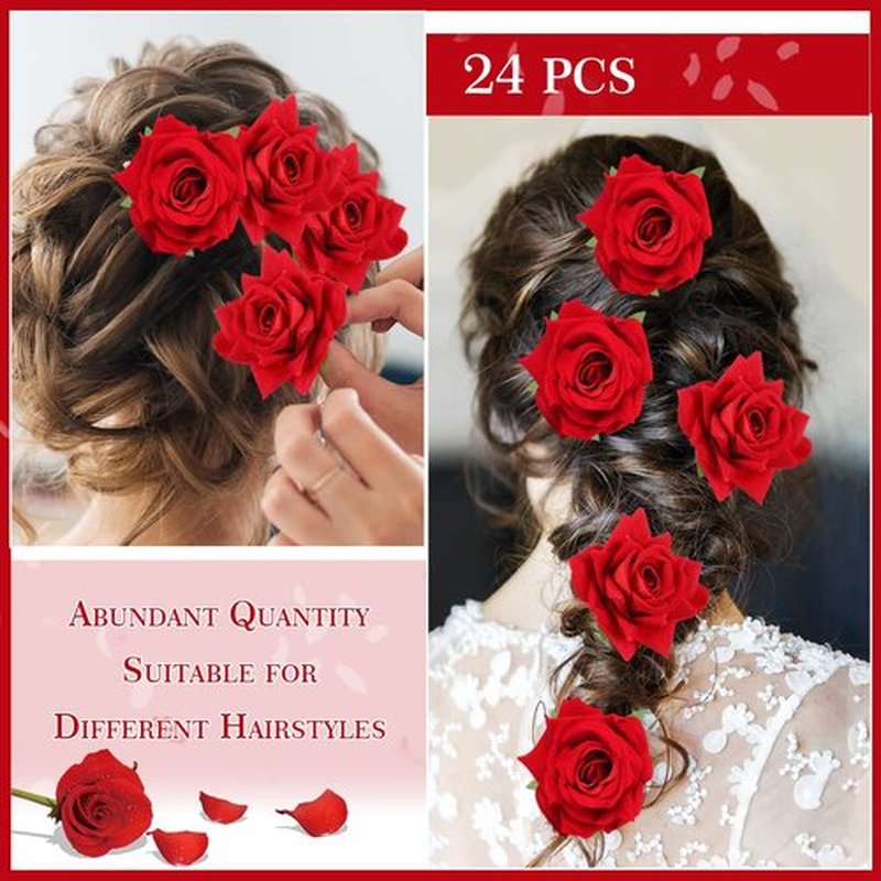 24 Pcs Flower Hair Clip Flower Hairpin Rose Brooch Floral Clips 2.8 Flowers Hair Clips Hair Flowers Headpieces Hair Accessories for Woman Bridal Bridesmaid Wedding Halloween(Red)