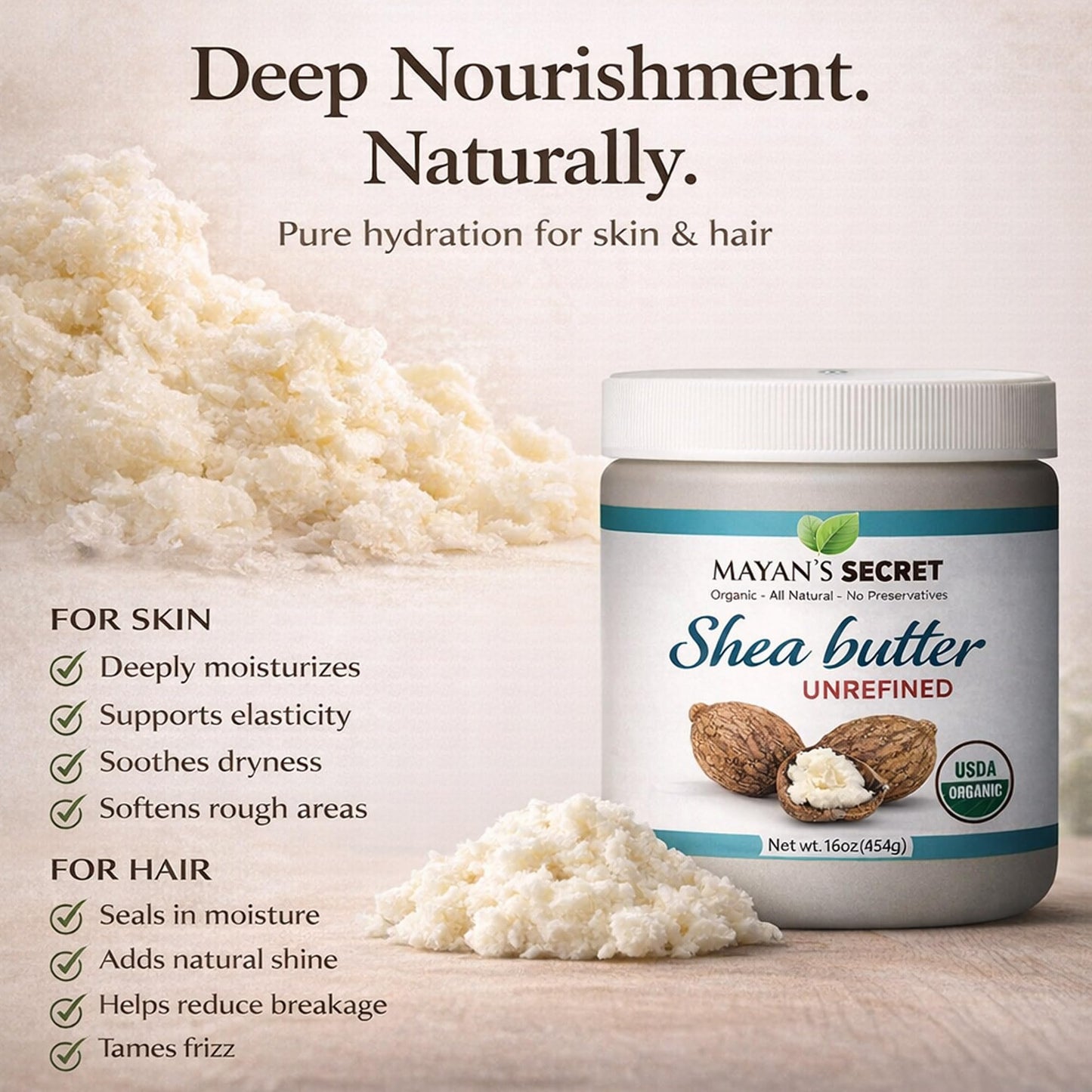 Mayan's Secret Organic Shea Butter USDA Certified, Raw, Unrefined, Ivory from Ghana Africa, Amazing for Skin Elasticity, Stretch Marks and body