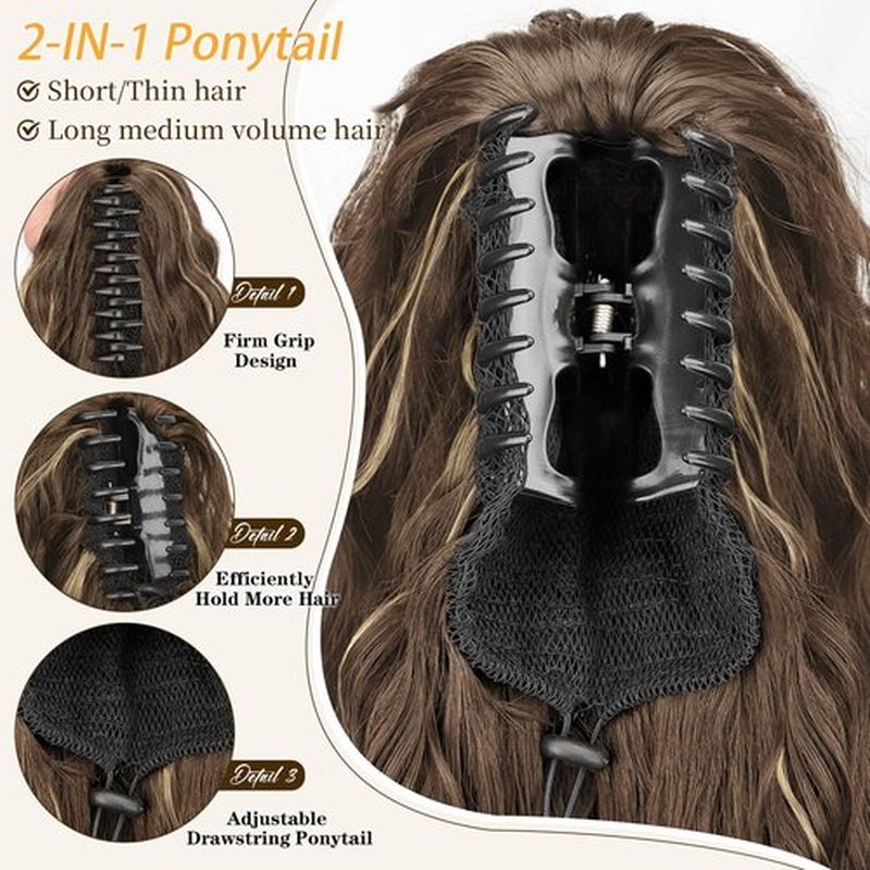 ORSUNCER Ponytail Extension Claw 30" Curly Pony Tail Clip in Claw Hair Extensions Fluffy Natural Looking Synthetic Hairpiece for Women Chocolate Brown Highlight