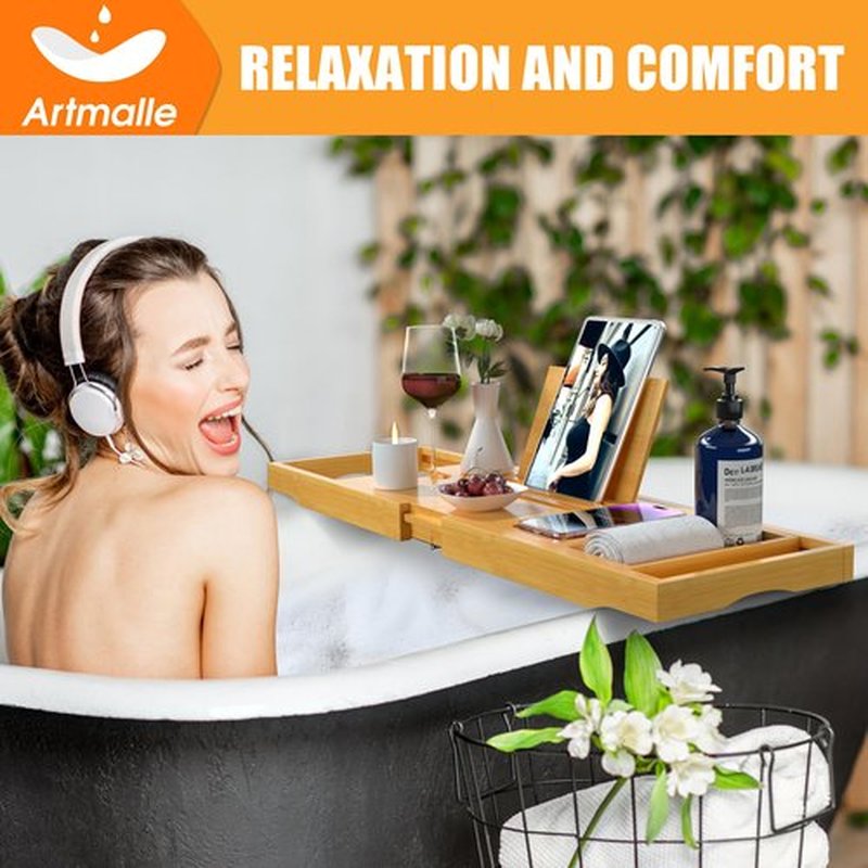 Artmalle Foldable Bathtub Tray for Tub, Bamboo Bathtub Caddy Tray Table with Book Stand for Luxury Bath, Bathroom Accessories for Women Men with Free Soap Dish (Semi-Simple, Natural) (Natural)