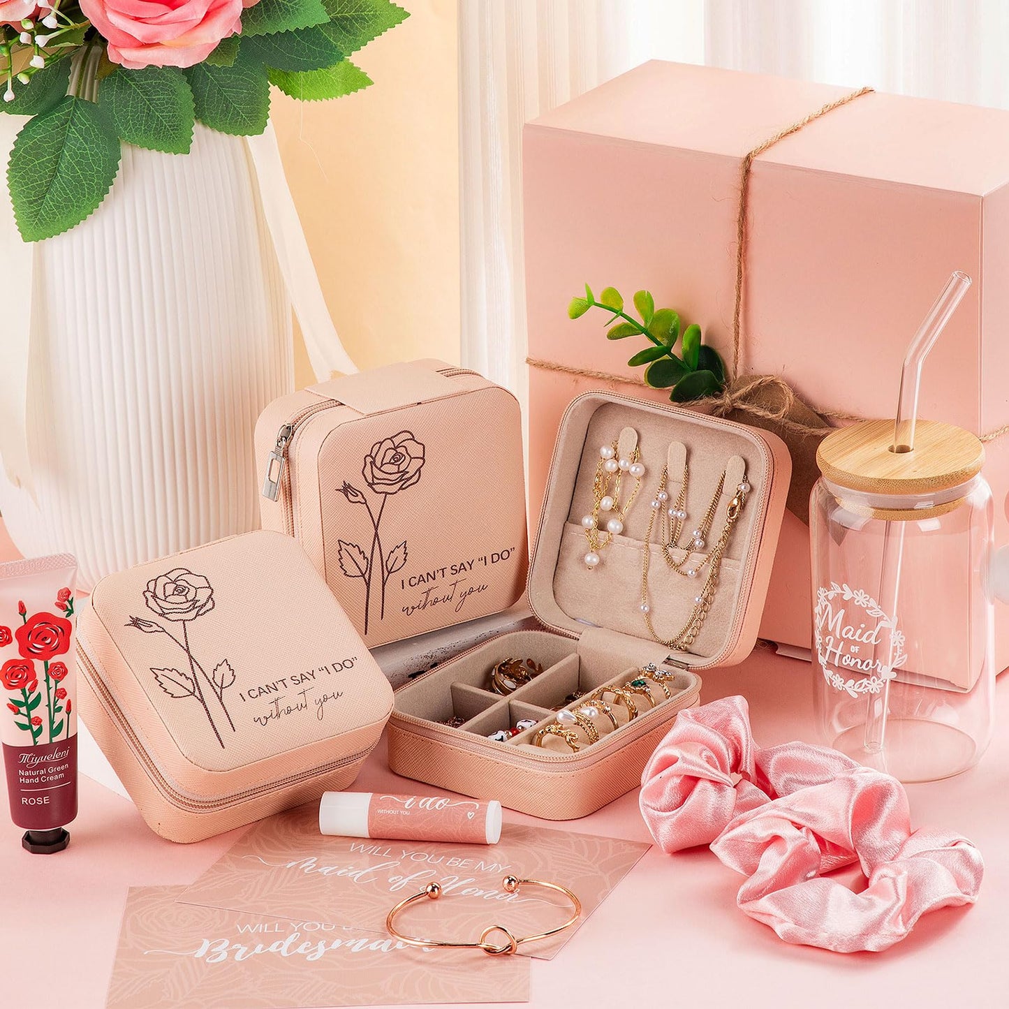 Teenyyou 60 Pcs Bridesmaid Proposal Gifts Bridesmaid Box Set Maid of Honor Gift Wedding Bridal Shower Include Jewelry Box Glass Cup Scrunchies Hair Knotted Bracelets Hand Cream Lip Balm Cards(Pink)