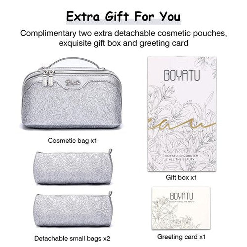 Travel Makeup Bags Cosmetic Organizer Bag: 3-Set Large Capacity Make up Bag - PU Leather Toiletry Bag for Women - Wide Open Portable Pouch with Divider & Handle (02-Z-Silver)