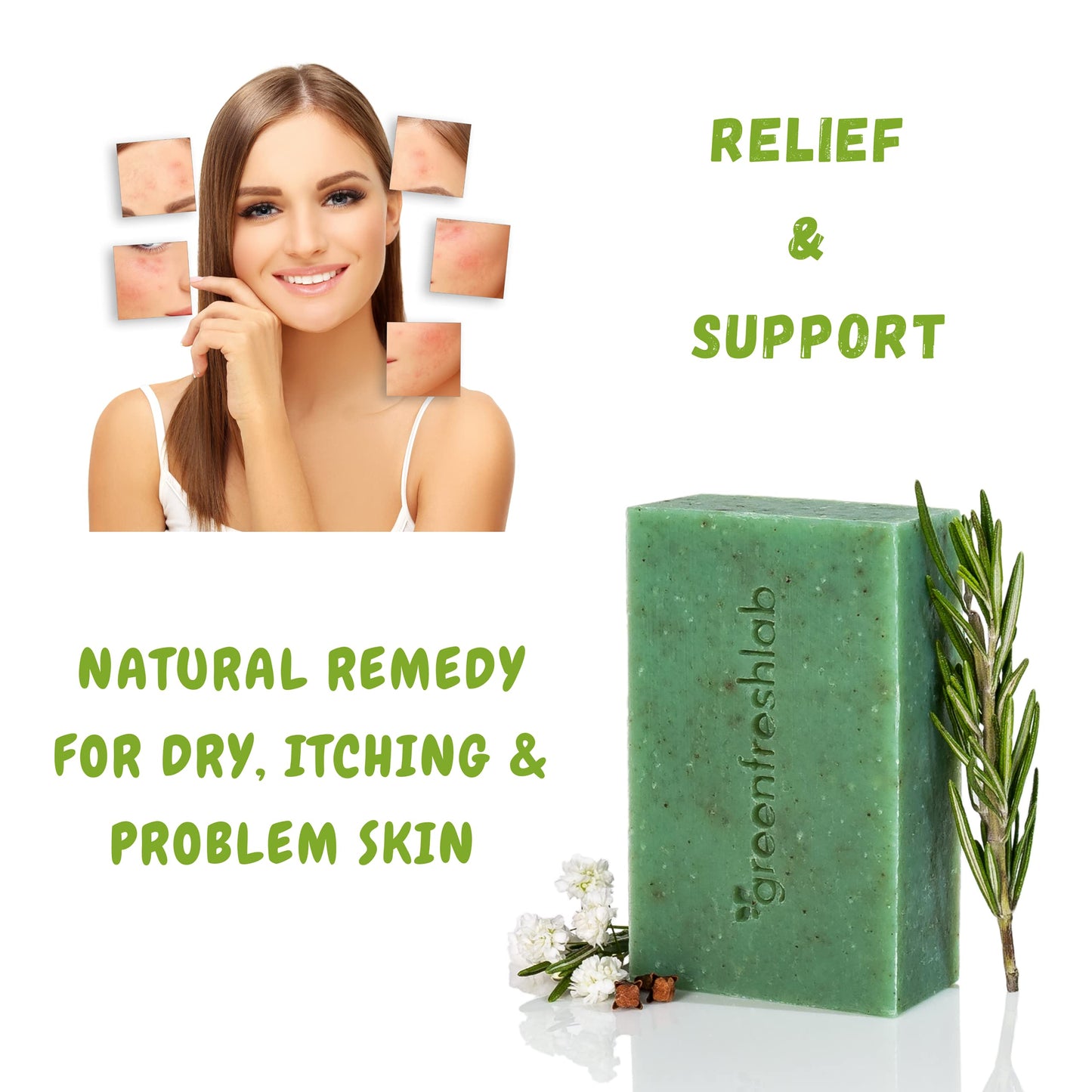 Greenfreshlab Thyme + Rosemary Soap Bar 85% Organic Ingredients, Natural Help for Sensitive Skin, Enriched with Patchouli Oil, Uplifting Aroma, Vegan & Cruelty Free, 4 oz